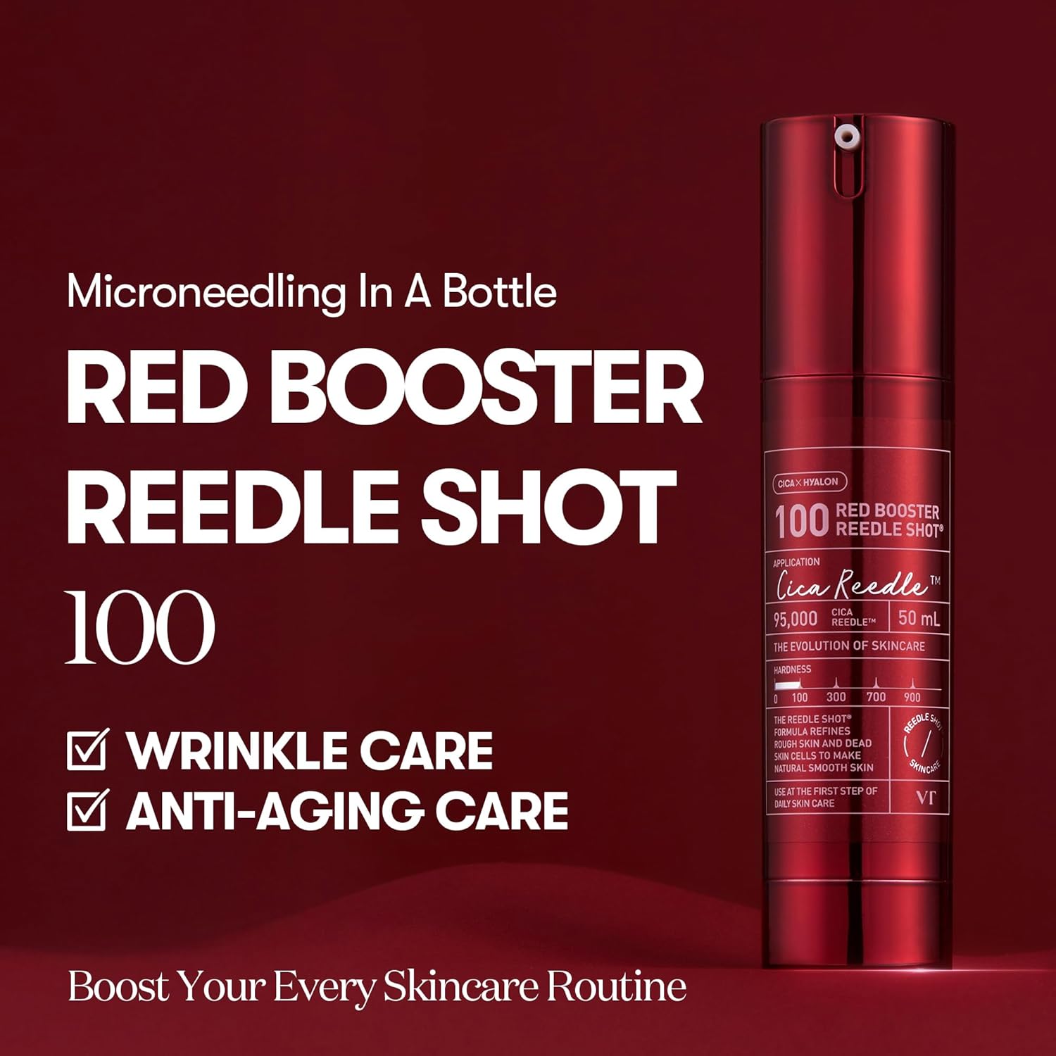 VT COSMETICS Red Booster Reedle Shot 100, Microneedling Serum with Dragon’s Blood, Exosome, Soothing Relief Serum for Irritated, and Sun-Stressed Skin, Scalp Care, Korean Skincare 1.69 fl oz (50ml)